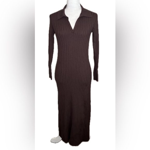 LOFT Chocolate Brown Ribbed Collared Polo Long Sleeve Knit Midi Dress M Medium - Picture 3 of 10